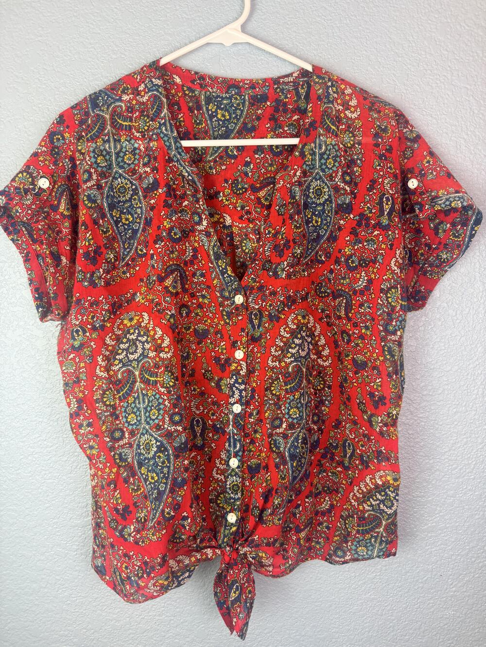 Lucky Brand Blouse Womens Medium Red Paisley Button Front Tie Hem Cotton Top